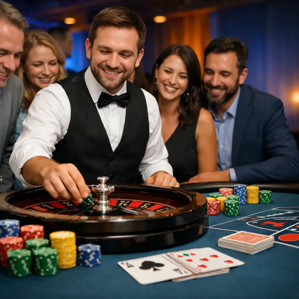 Krupié vezet egy roulette-asztalt érdeklődő vendégek között, színes játékzsetonokkal és kártyákkal egy modern eseményen.