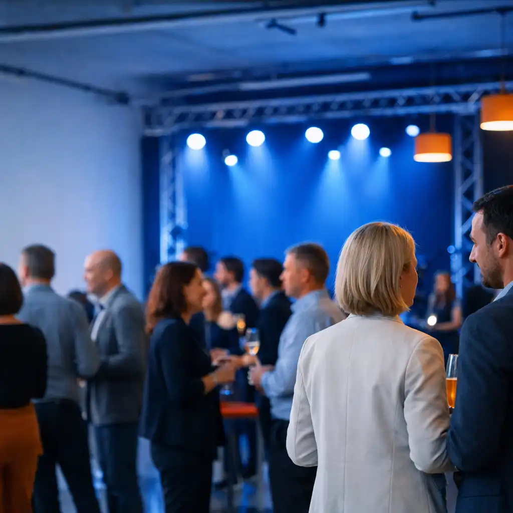 Vendégek beszélgetnek egy modern céges rendezvényen