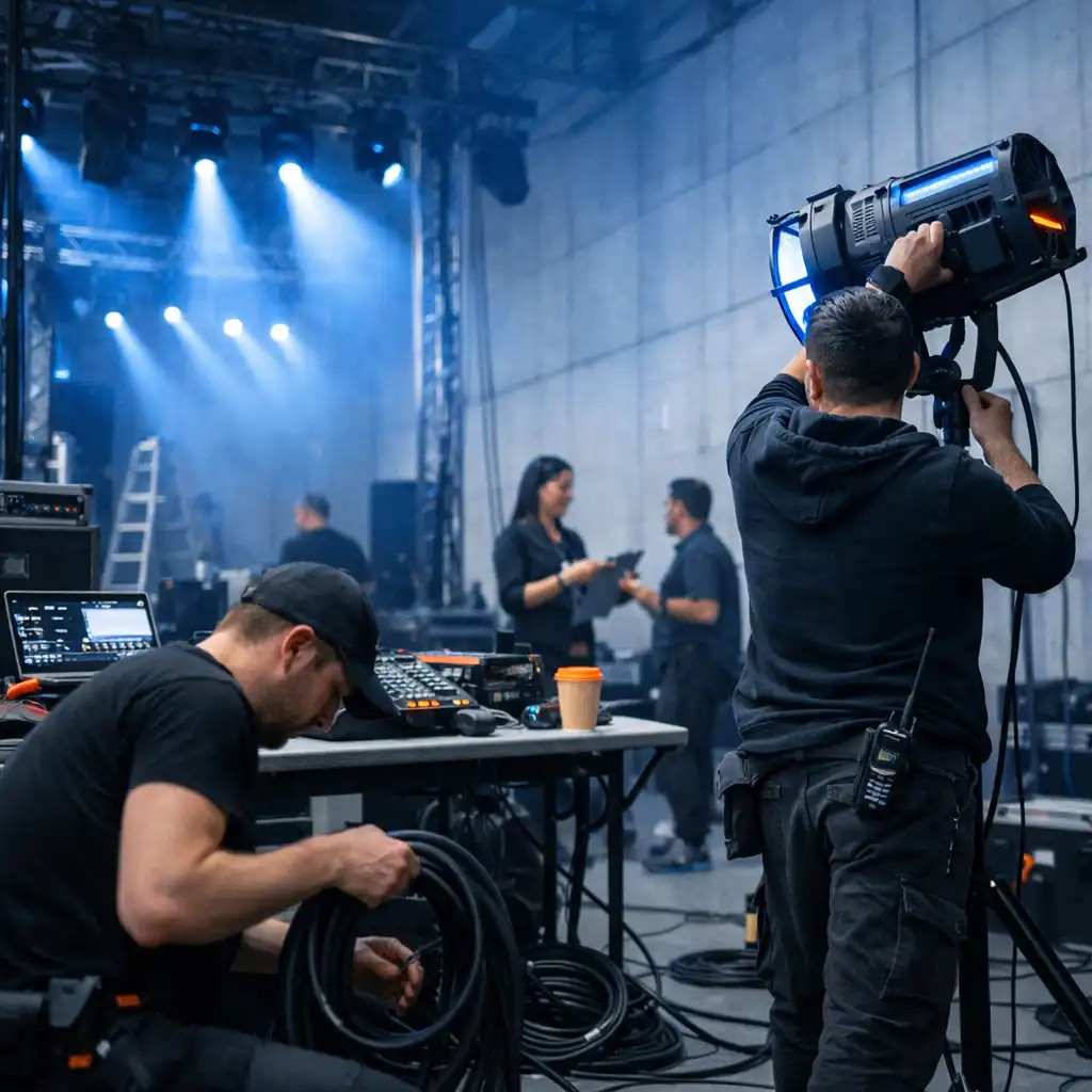 Technikai előkészítés kék színpadi fények között
