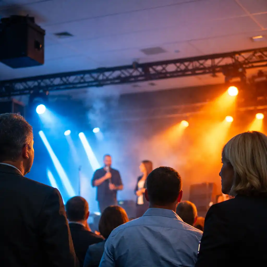 Kortárs céges esemény résztvevői modern, kék és narancs fényű színpad előtt
