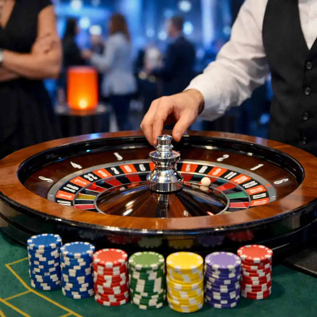 Roulette kerék és játékzsetonok egy helyszíni rendezvény asztalán